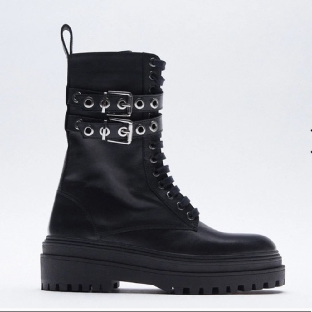 ZARA BLACK LEATHER LACE+BUCKLE BOOTS SIZE 7 or 37